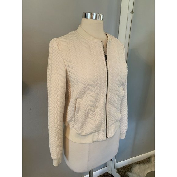 Cropped Ivory Cable knit sweater Jacket Sz S Preppy academia zip front Old Money - Picture 6 of 10
